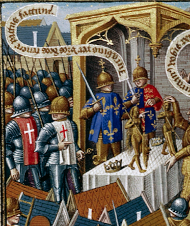 Maître François (1459-1488). Serment entre Philippe Auguste et Richard Coeur de Lion après la prise de Saint-Jean d'Acre en 1191. Détail de la miniature tirée du manuscrit Speculum historiale de Vincent de Beauvais; musée Condé, Chantilly MS 722, f 359 v