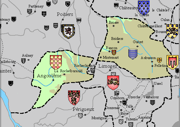 A gauche: territoire du comté d'Angoulême de la maison seigneuriale des Tailllefer et à droite: territoire du comté de la Marche, possession de la maison seigneuriale des Lusignan; source: www.earlyblazon.com