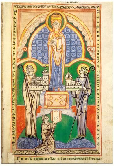 Étienne Harding et l'abbé de Saint-Vaast d'Arras déposant leur abbaye aux pieds de la Vierge;  Bibliothèque municipale de Dijon, ms. 130, f° 104, détail; vers 1125; source:http://fr.academic.ru/pictures/frwiki/83/Stephan_Harding.jpg