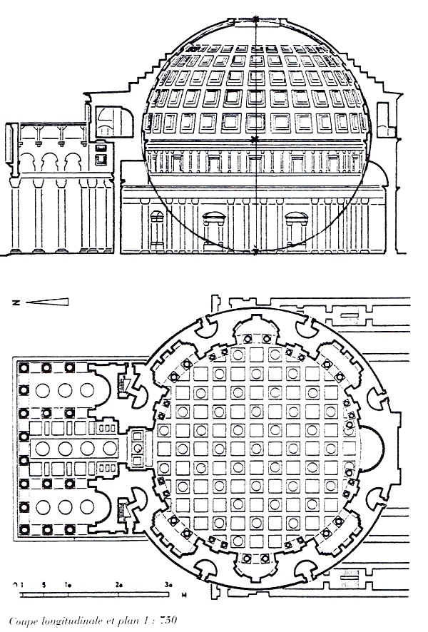 Plan et élévation de Sainte-Marie-aux-Martyrs; d'après Architecture Universelle, Empire Romain, Fribourg 1965; figure 113; source: Géographie Sacrée dans le monde romain de Jean Richet