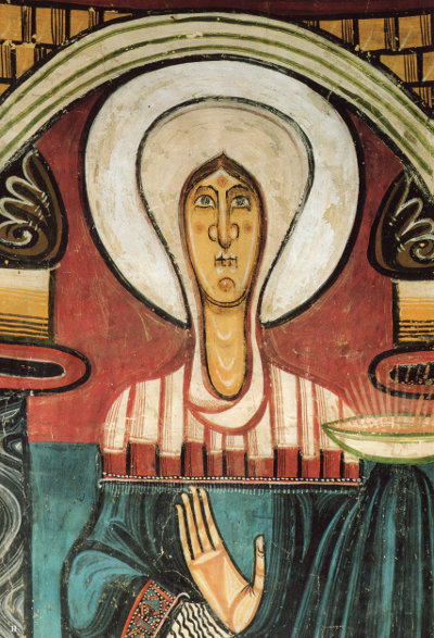 Marie; détail des peintures murales de l'abside de Saint Clément  de Taüll; Musée National d'Art de Catalogne; source: Catalogne Romane; éditions Zodiaque