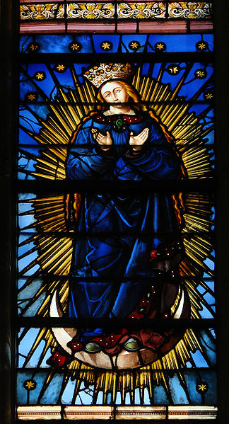 stain-glassed window by Jean Soudain, 1524, representing "the Virgin in the Apocalypse"; Cathedral Saint-Pierre-et-Saint-Paul de Troyes; source Wikipedia