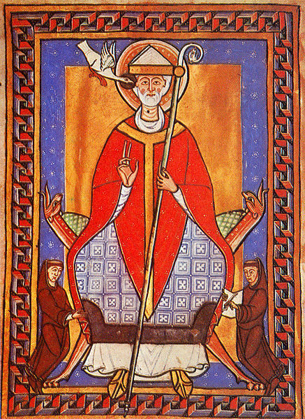 Pope Gregory VII with two monks, painting miniature of the 13th century