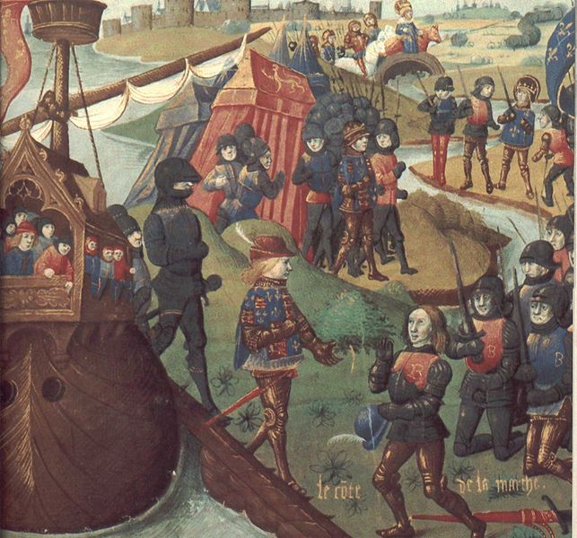 Henri III, King of England, disembarks at Aquitaine;  Bibliothèque Nationale; MS Fr. 2829; folio 18